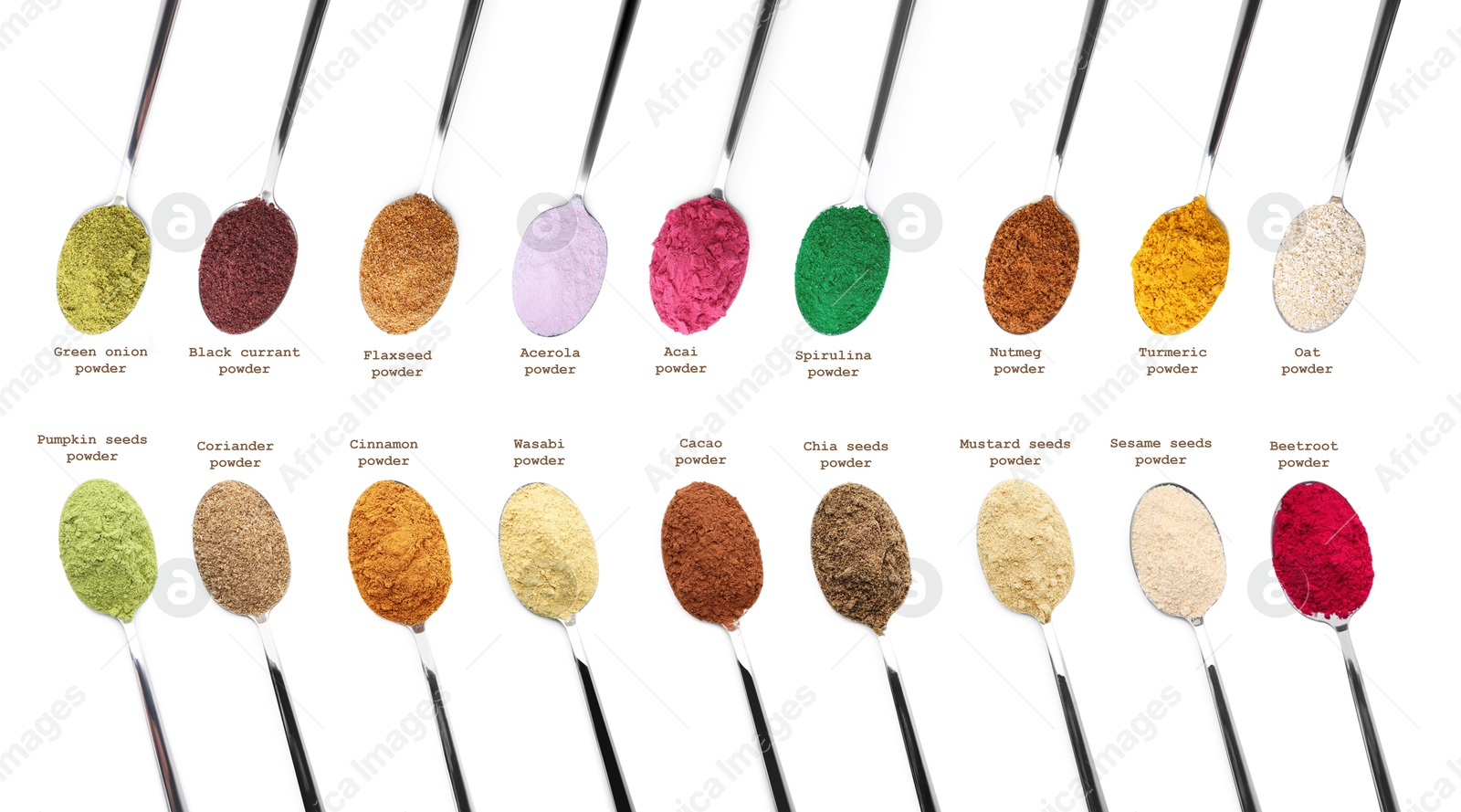 Superfoods. Different powders in spoons and names on white background, set. Top view Image of Superfoods. Different powders in spoons and names on white background, set. Top view