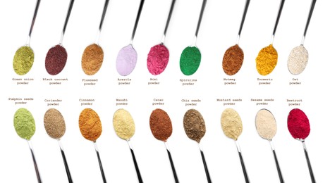 Image of Superfoods. Different powders in spoons and names on white background, set. Top view