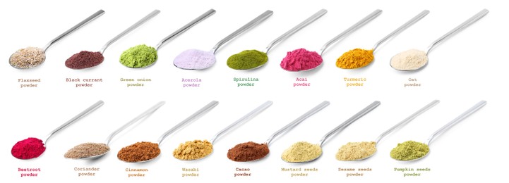 Image of Superfoods. Different powders in spoons and names on white background, set