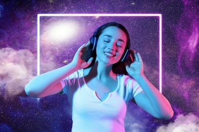 Image of Happy woman in headphones enjoying music in neon lights against universe