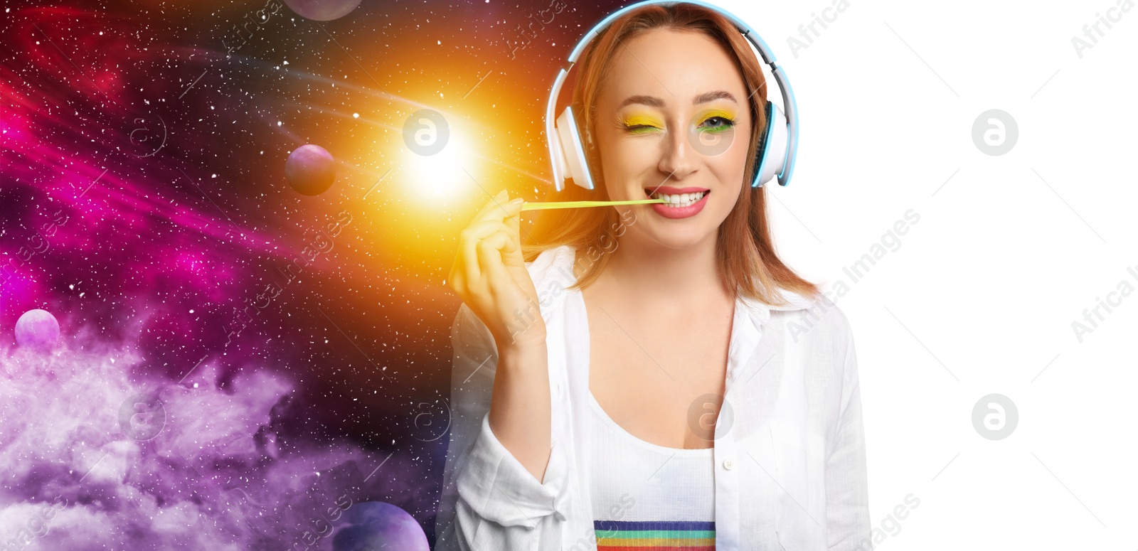 Young woman listening to music with headphones on white background, double exposure with universe Image of Young woman listening to music with headphones on white background, double exposure with universe
