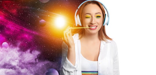 Image of Young woman listening to music with headphones on white background, double exposure with universe