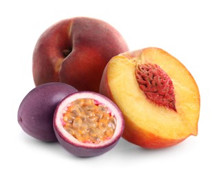 Image of Tasty ripe passion and peach fruits on white background