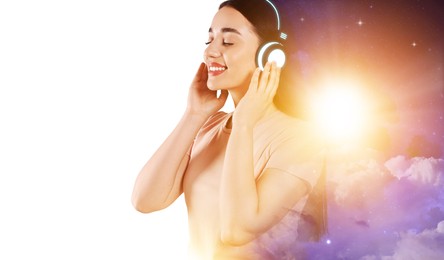 Image of Young woman listening to music with headphones on white background, double exposure with universe