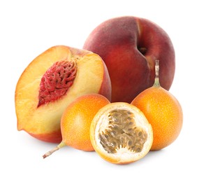 Image of Tasty ripe passion and peach fruits on white background