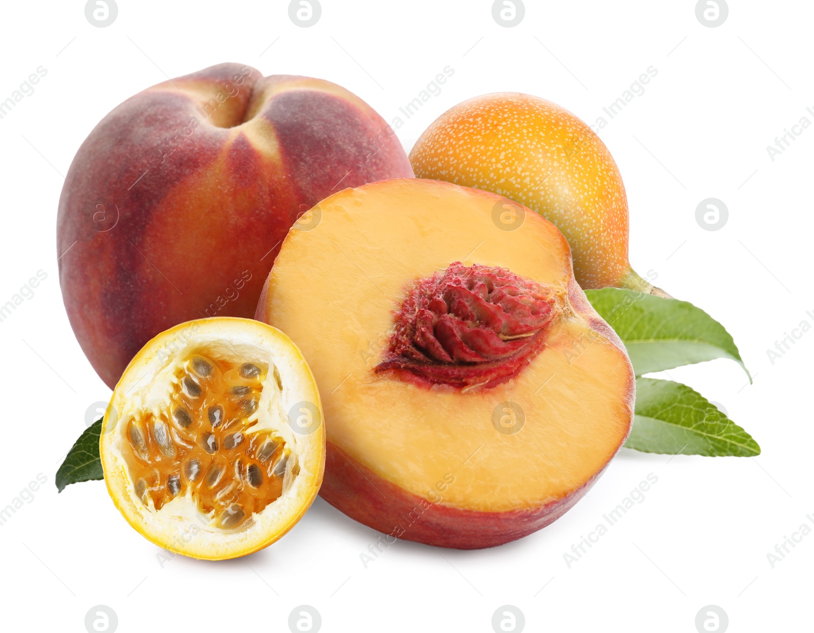 Tasty ripe passion and peach fruits on white background Image of Tasty ripe passion and peach fruits on white background