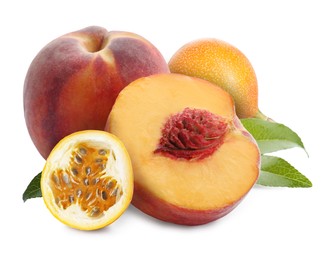 Image of Tasty ripe passion and peach fruits on white background