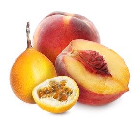 Image of Tasty ripe passion and peach fruits on white background