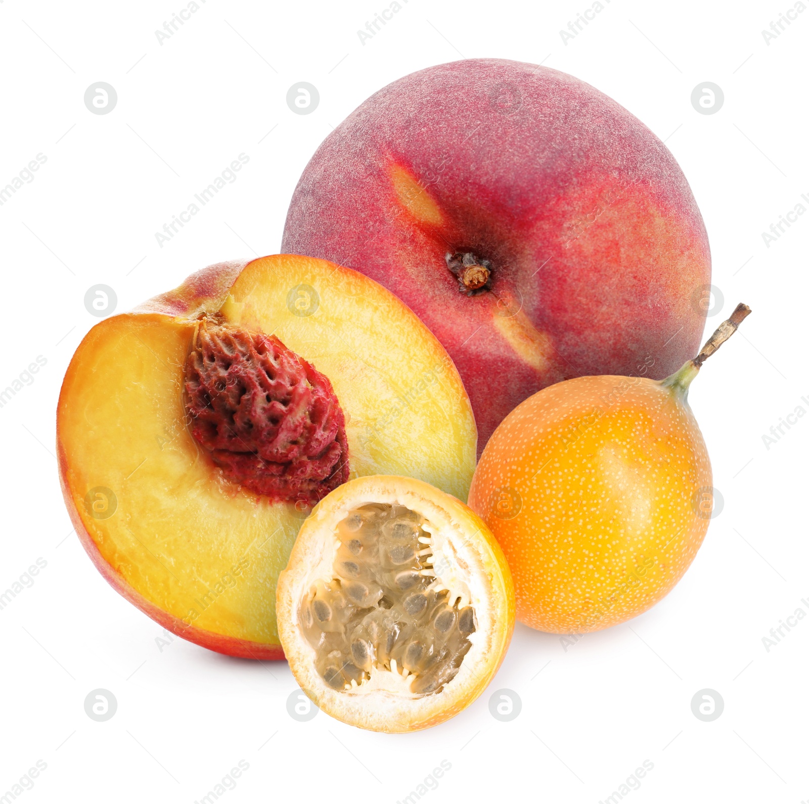 Tasty ripe passion and peach fruits on white background Image of Tasty ripe passion and peach fruits on white background
