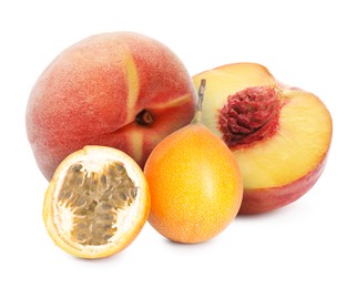 Image of Tasty ripe passion and peach fruits on white background