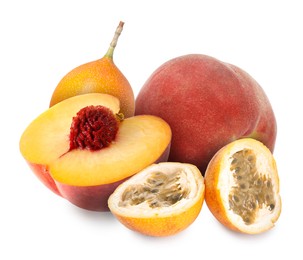 Image of Tasty ripe passion and peach fruits on white background