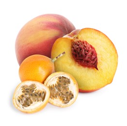 Image of Tasty ripe passion and peach fruits on white background