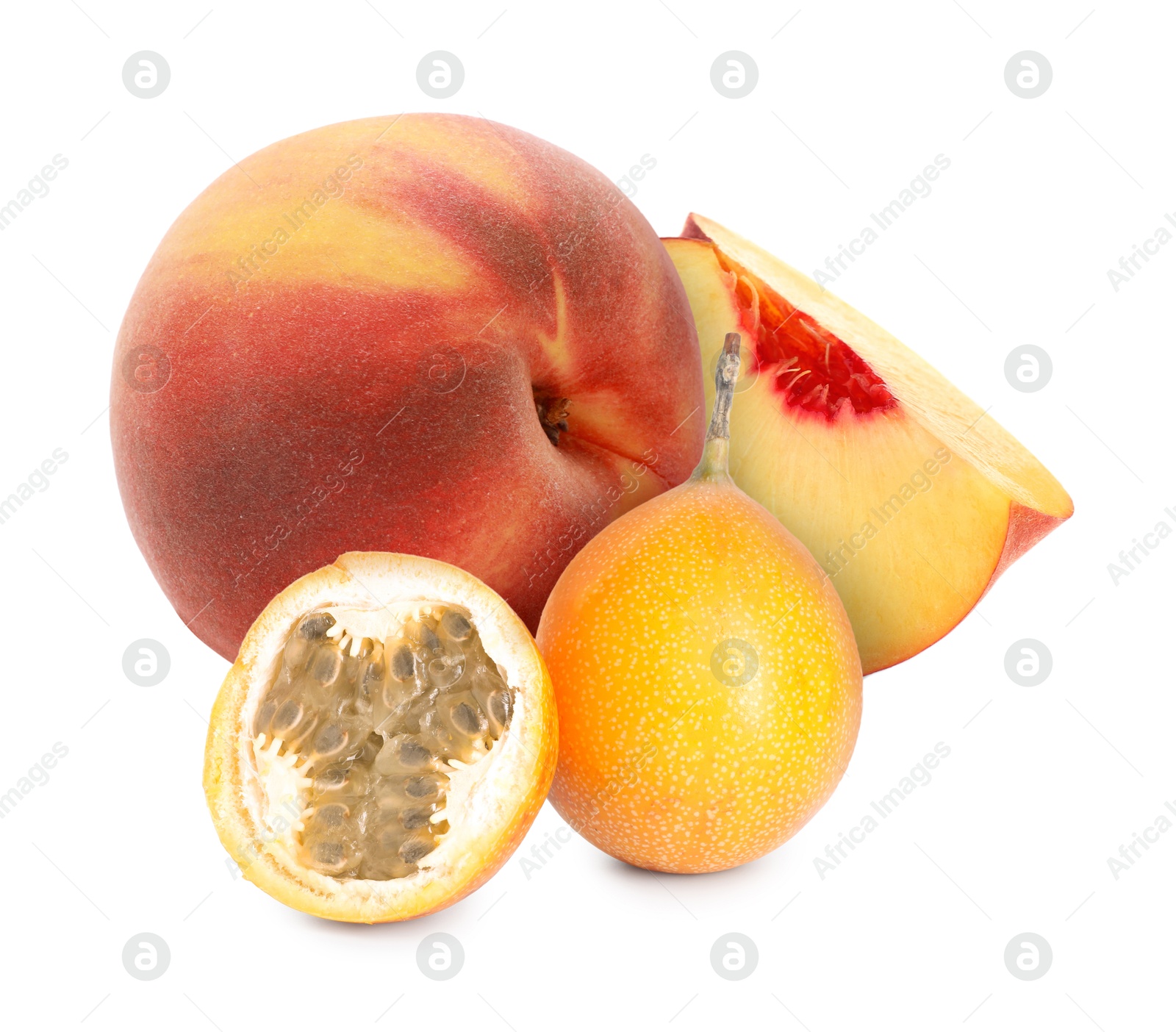 Tasty ripe passion and peach fruits on white background Image of Tasty ripe passion and peach fruits on white background