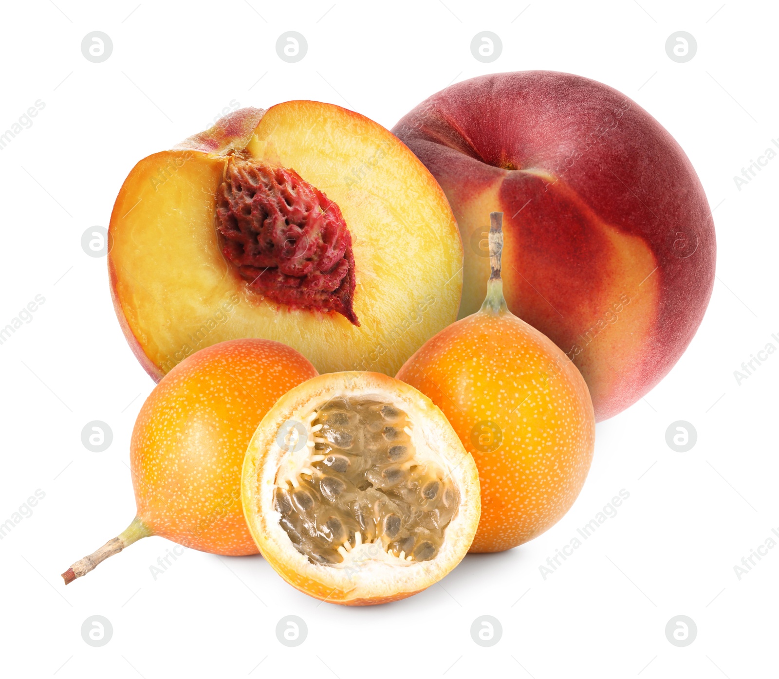 Tasty ripe passion and peach fruits on white background Image of Tasty ripe passion and peach fruits on white background