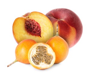 Image of Tasty ripe passion and peach fruits on white background