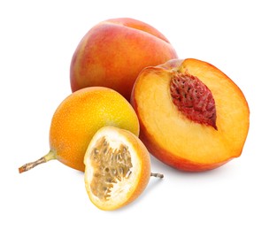 Image of Tasty ripe passion and peach fruits on white background