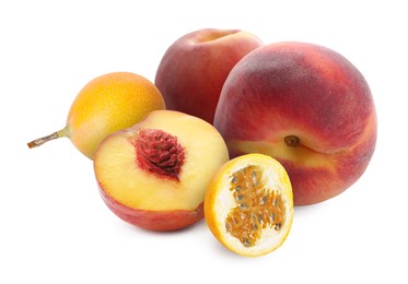 Image of Tasty ripe passion and peach fruits on white background