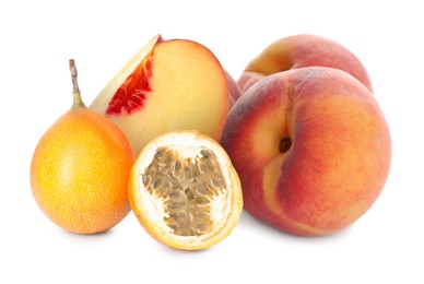 Image of Tasty ripe passion and peach fruits on white background