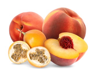 Image of Tasty ripe passion and peach fruits on white background