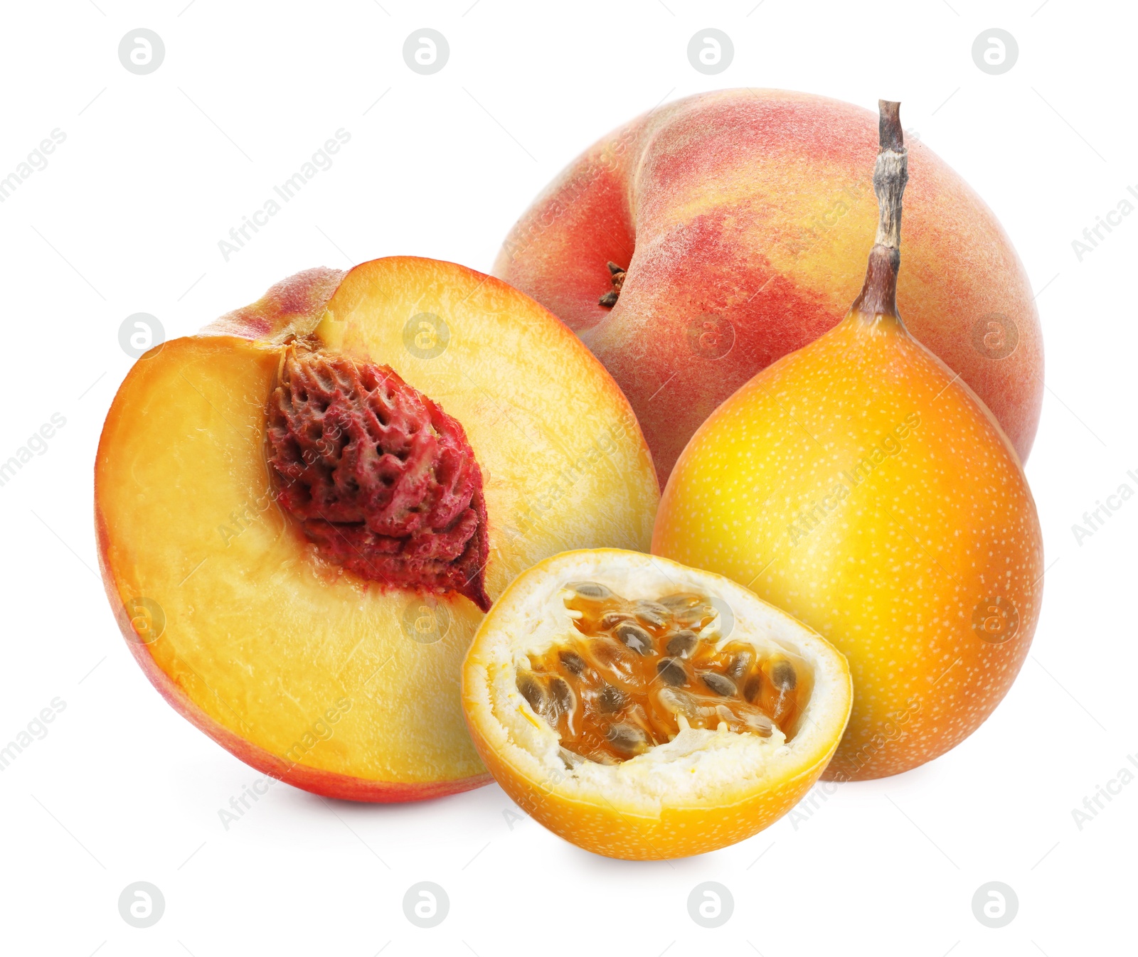 Tasty ripe passion and peach fruits on white background Image of Tasty ripe passion and peach fruits on white background