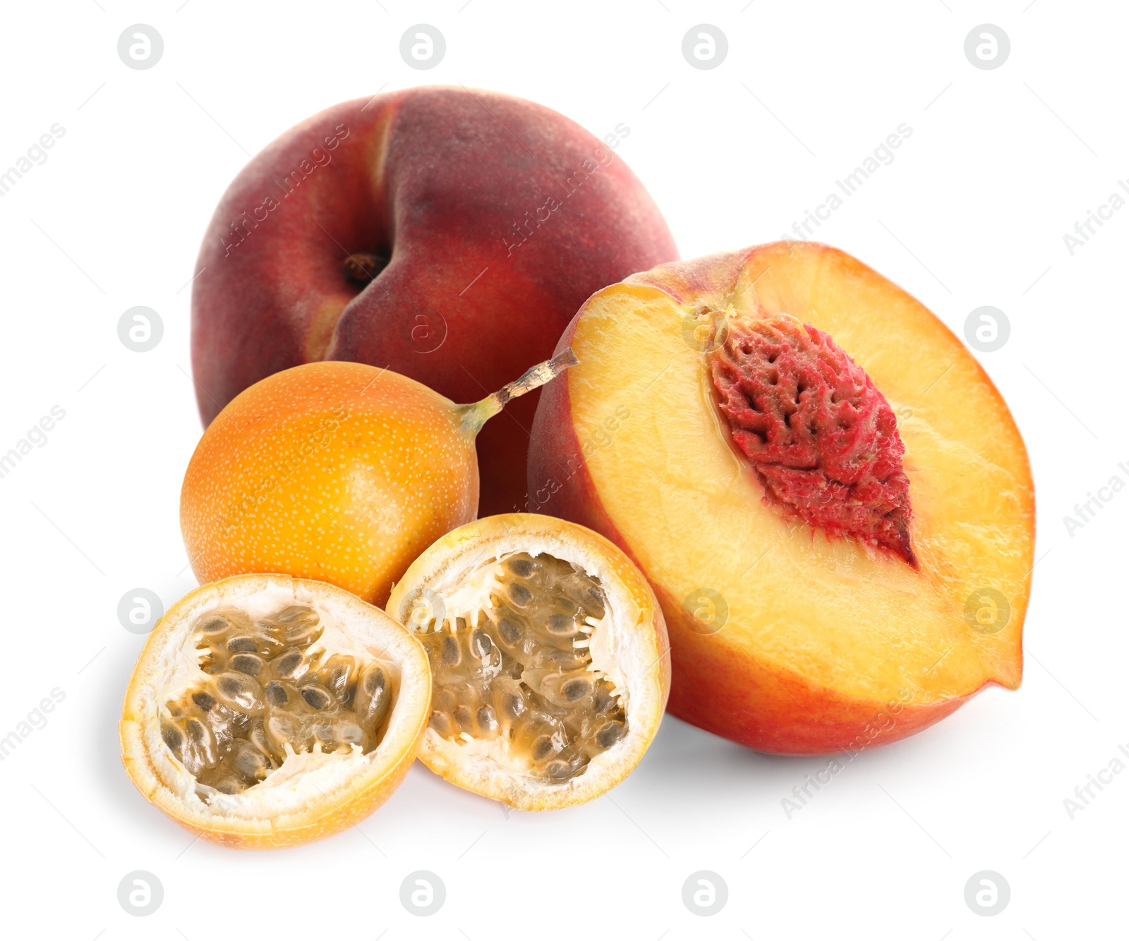 Tasty ripe passion and peach fruits on white background Image of Tasty ripe passion and peach fruits on white background