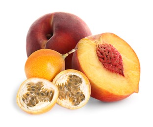 Image of Tasty ripe passion and peach fruits on white background