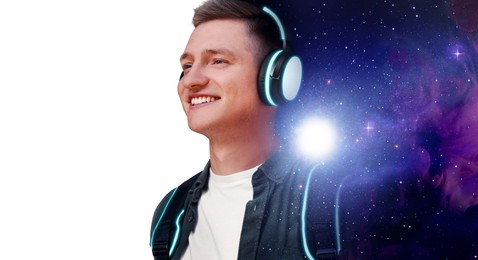 Image of Young man listening to music with headphones on white background, double exposure with universe