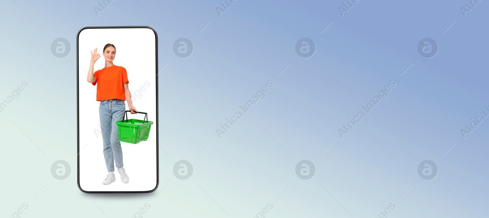 Image of Happy woman with shopping basket walking out of mobile phone on light blue gradient background, banner design. Online order