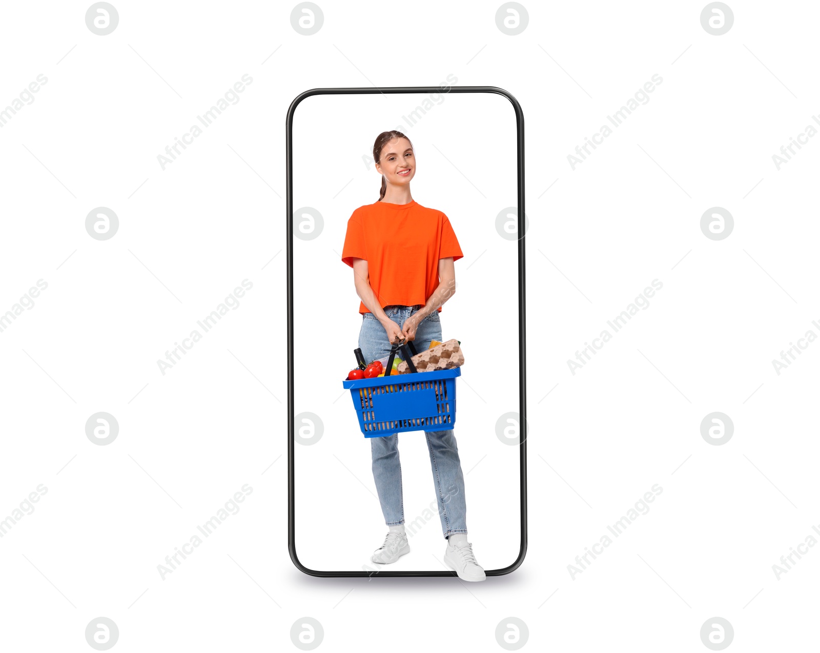 Happy woman with shopping basket walking out of mobile phone on white background. Online ordering Image of Happy woman with shopping basket walking out of mobile phone on white background. Online ordering