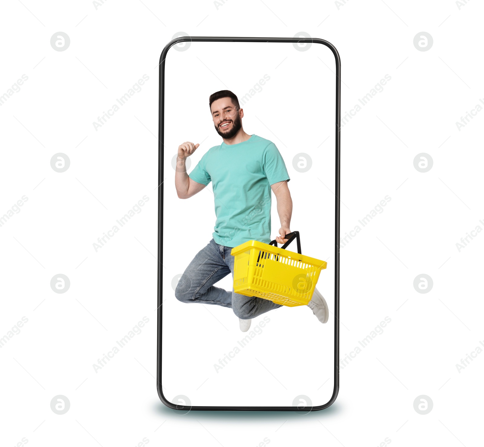 Happy man with shopping basket jumping out of mobile phone on white background. Online ordering Image of Happy man with shopping basket jumping out of mobile phone on white background. Online ordering