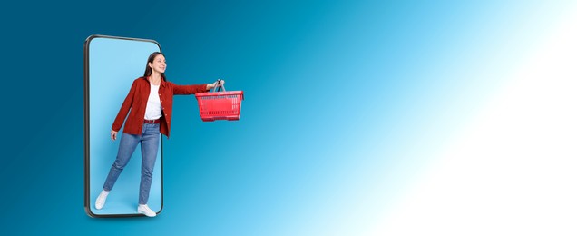 Image of Happy woman with shopping basket walking out of mobile phone on blue gradient background, banner design. Online order