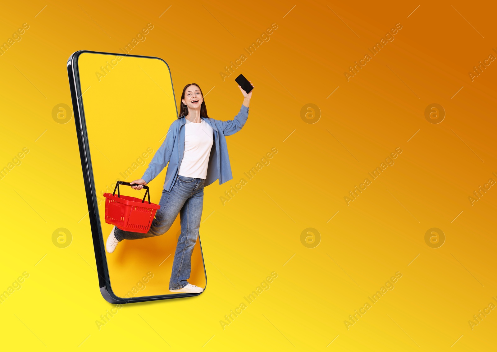 Happy woman with shopping basket walking out of mobile phone on orange gradient background. Online ordering Image of Happy woman with shopping basket walking out of mobile phone on orange gradient background. Online ordering