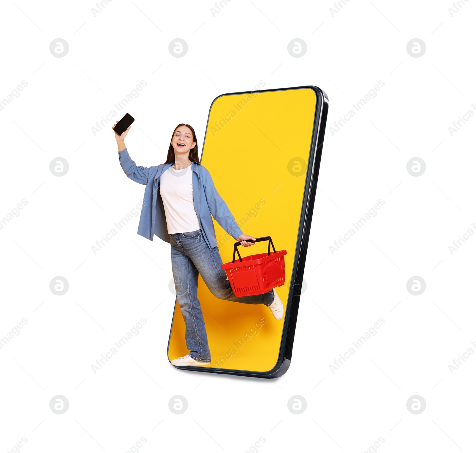 Happy woman with shopping basket walking out of mobile phone on white background. Online ordering Image of Happy woman with shopping basket walking out of mobile phone on white background. Online ordering
