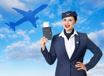 Image of Smiling stewardess holding passport against blue sky with clouds and silhouette of plane