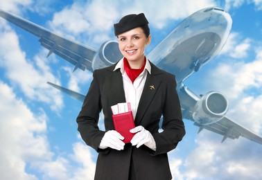 Image of Smiling stewardess holding passport against blue sky with plane and clouds