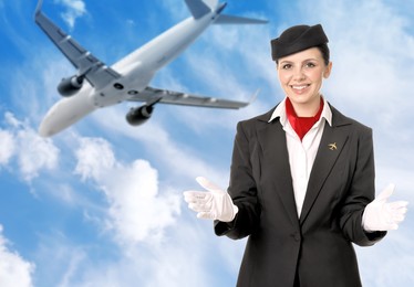 Image of Smiling stewardess against blue sky with plane and clouds
