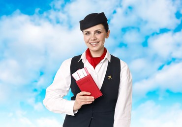 Image of Smiling stewardess holding passport against blue sky with clouds