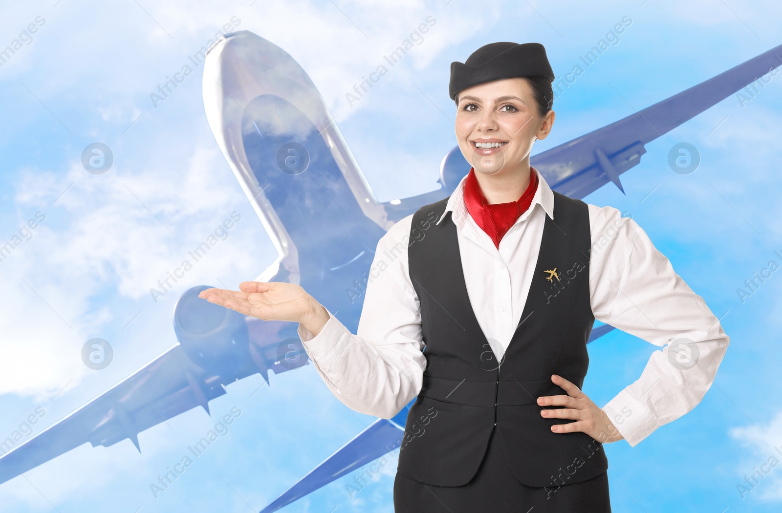 Smiling stewardess against blue sky with clouds and plane Image of Smiling stewardess against blue sky with clouds and plane