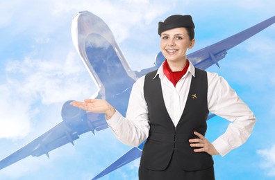 Image of Smiling stewardess against blue sky with clouds and plane