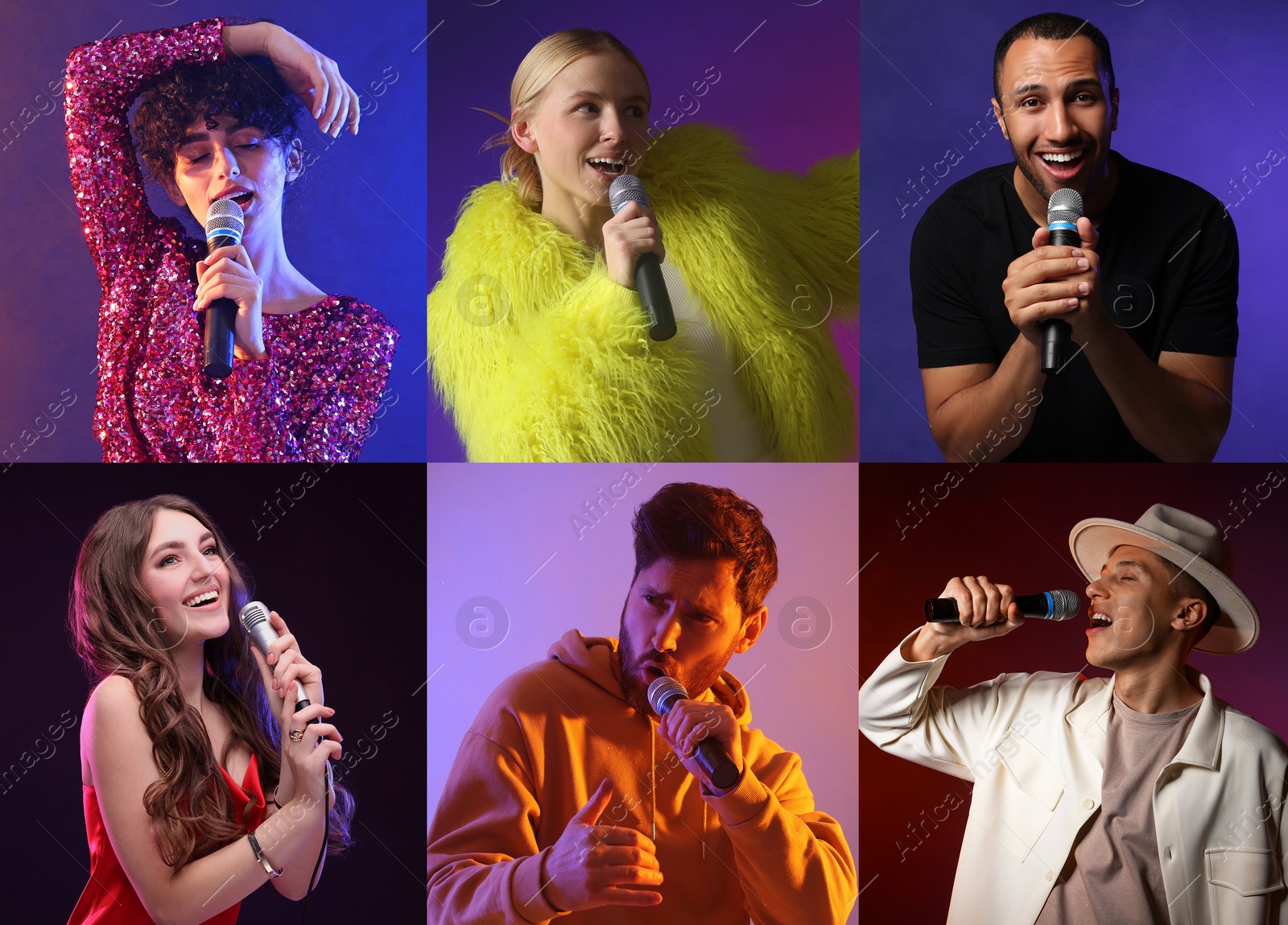 Singers with microphones performing on color backgrounds, collection of photos Image of Singers with microphones performing on color backgrounds, collection of photos
