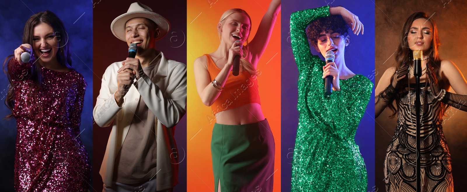 Singers with microphones performing on color backgrounds, collection of photos. Banner design Image of Singers with microphones performing on color backgrounds, collection of photos. Banner design