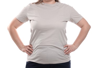 Photo of Weight loss. Plus size woman on white background, closeup