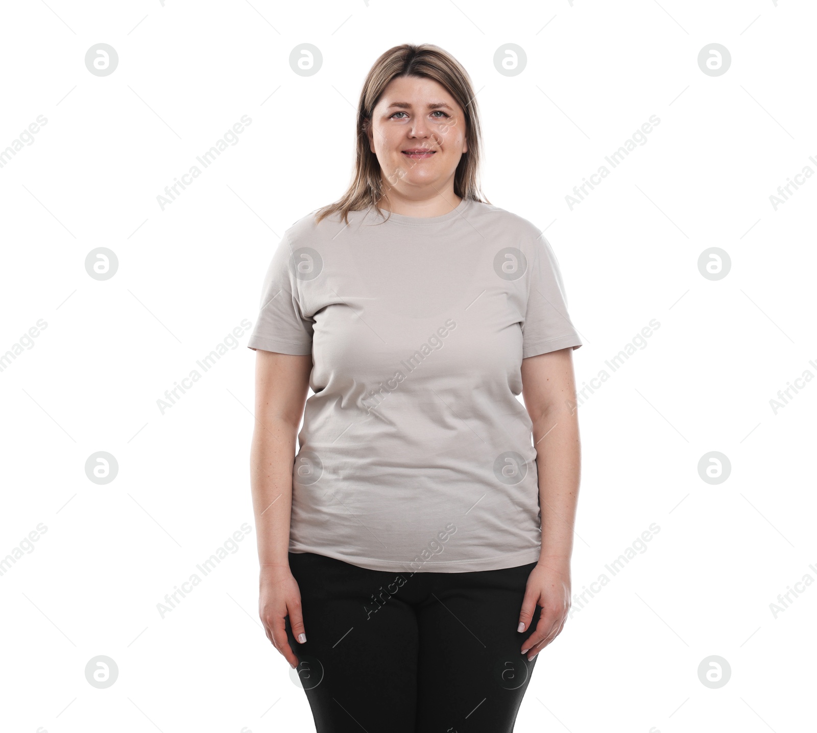Weight loss. Plus size woman on white background Photo of Weight loss. Plus size woman on white background