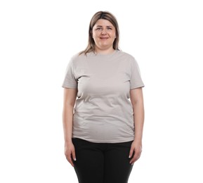 Photo of Weight loss. Plus size woman on white background