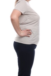 Photo of Weight loss. Plus size woman on white background, closeup