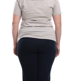 Photo of Weight loss. Plus size woman on white background, closeup