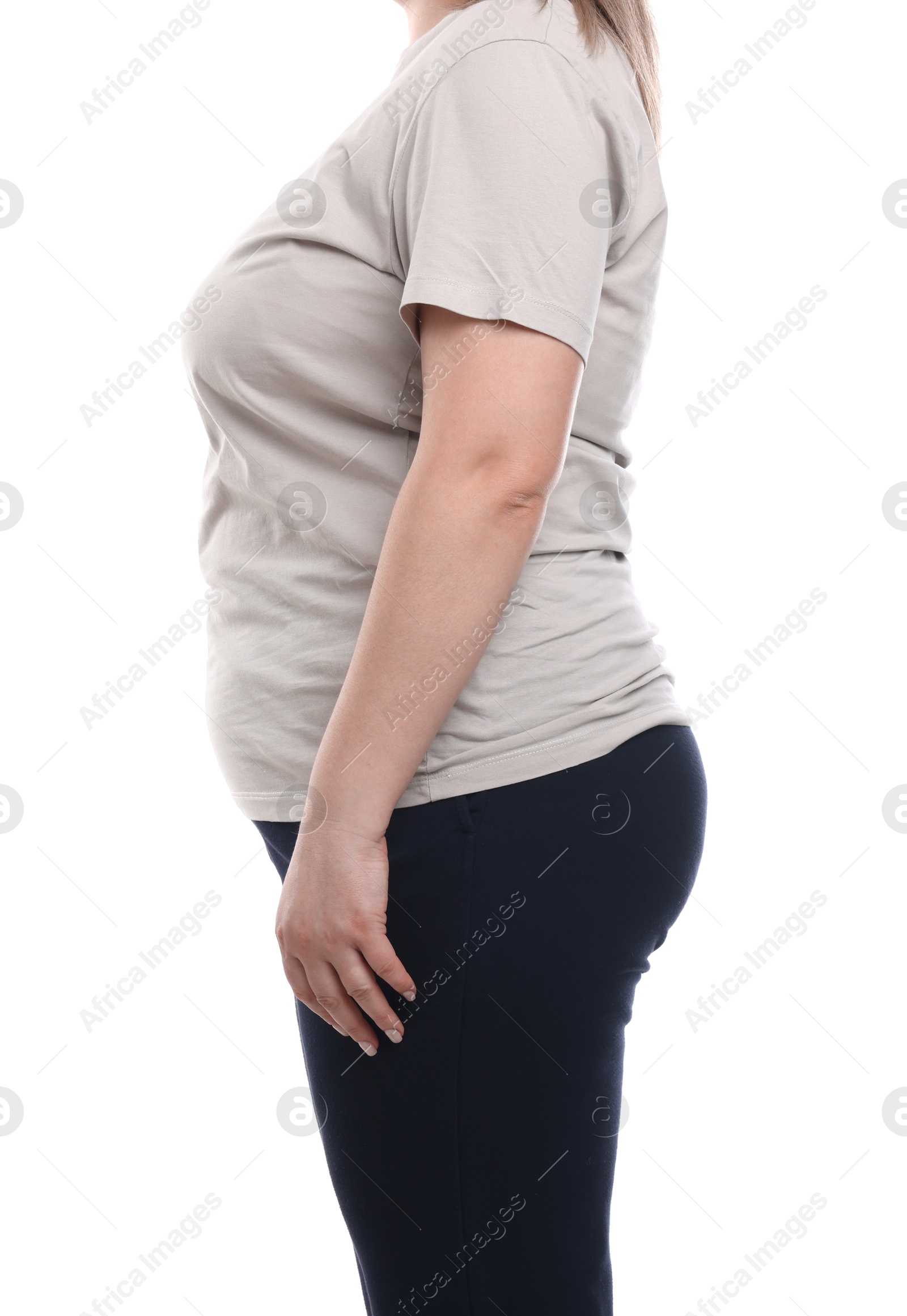 Weight loss. Plus size woman on white background, closeup Photo of Weight loss. Plus size woman on white background, closeup