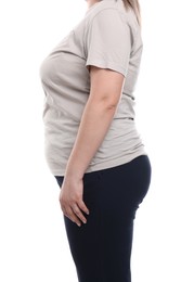 Photo of Weight loss. Plus size woman on white background, closeup