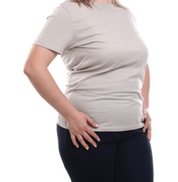 Photo of Weight loss. Plus size woman on white background, closeup