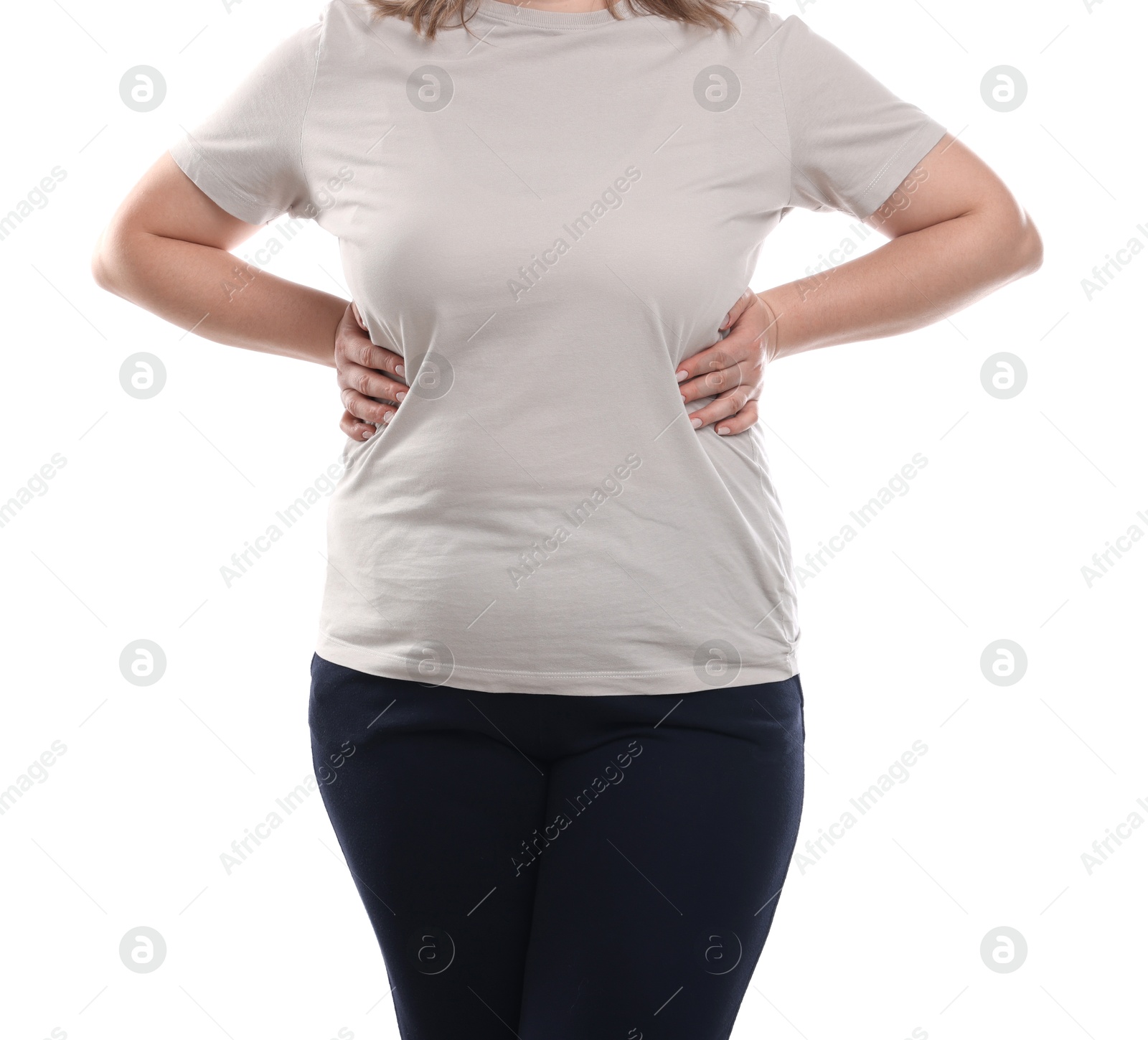 Photo of Weight loss. Plus size woman on white background, closeup